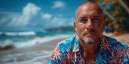 a man sitting at the edge of a beach,a man is standing on the beach and looking at the camera
