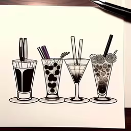there are four different drinks lined up together,four glasses and a pen sitting on a desk