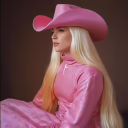 a blonde haired girl in pink sitting down