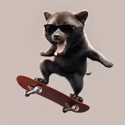 a small dog that is wearing sunglasses and jumping on a skateboard