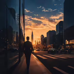 a man walking down the street at dusk