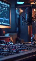 a microphone with one headphones on sitting in front of a computer