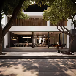 this modern house is under construction with trees and tables