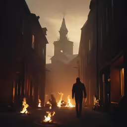 an alley way with lots of flames in the background