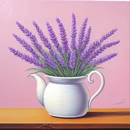 a white vase filled with purple lavender flowers on top of a wooden table