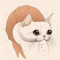 a white cat with brown hair with black eyes and a round nose