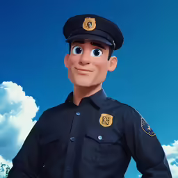a police officer standing in front of a blue sky