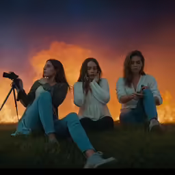 two girls sit with cameras as the sun sets behind them