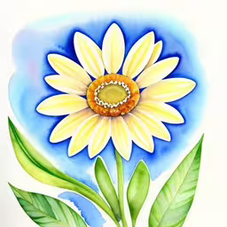 a painting of a flower with a blue background,a watercolor painting of a flower with a ring on it