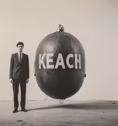 a man in a suit next to a giant balloon