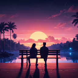 a couple sitting on a park bench looking at the sunset,a couple sitting on a bench watching the sunset