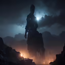 man on horseback standing in a dark mountain field