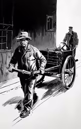 a drawing of an old man pushing a buggy