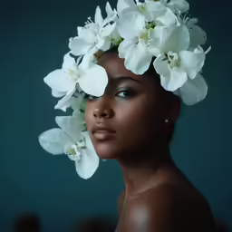 the woman with flower in her hair is staring forward