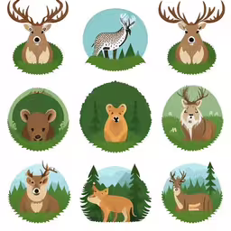 twelve wild animals on a grassy area,animals in different poses and colors standing on the grass