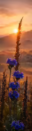 flowers are in the foreground with a sunset in the background