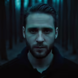 a man with dark hair and beard stares into the camera