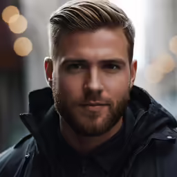 man with blond hair and beard staring into camera