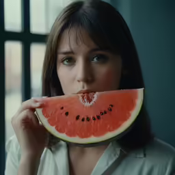 a woman that is biting into a slice of watermelon