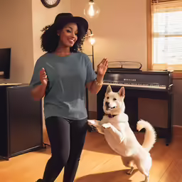 a woman standing next to a dog on a hard wood floor