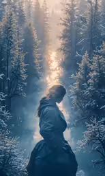 a woman standing in front of a foggy forest