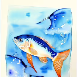 a watercolor painting of two fish under a seagull,two fish swim in the water near each other,the large - mouthed fish, with a long beak, swims away from another blue sea creature,the painting depicts two fish swimming on water and one flying,a watercolor painting of a yellow fish and blue background