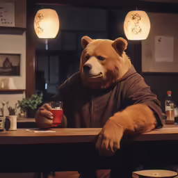 a bear mascot is sitting at a bar