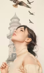 a woman with birds flying near her and in the air