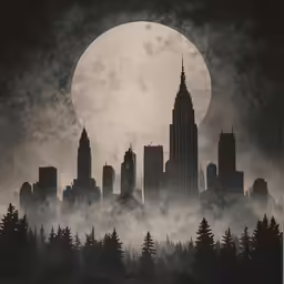 a full moon is seen above the fog in a city
