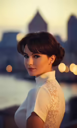 a woman with dark hair wearing a white dress standing near water
