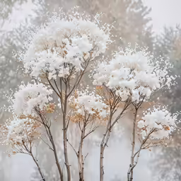 there are several white flowers on a small tree