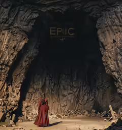 a woman dressed in a long red dress looking into the distance at a cave