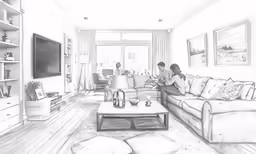 a drawing of a couple in a living room