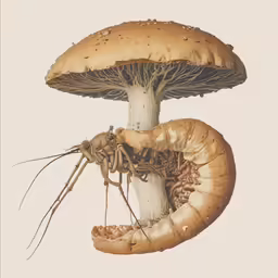 a large mushroom and two smaller brown moths