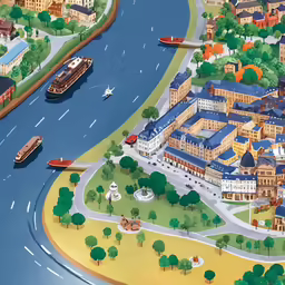 a drawing of a city with boats in it