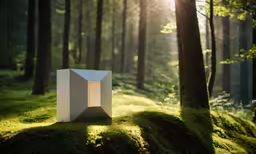 an open box on a mossy field next to trees
