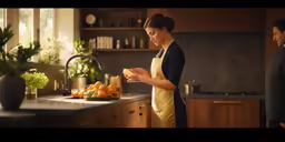 two people cooking food inside of a kitchen