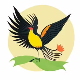 an orange, black and yellow bird with its wings spread out,a colorful bird that is standing on some leaves