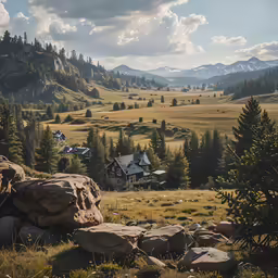 a mountain valley with trees, rocks and mountains in the distance