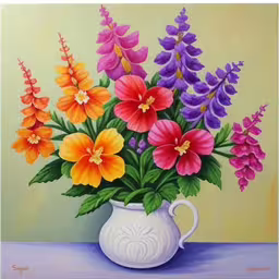 /tmp/FOOtUYFg1.jpg = colorful flowers in a vase painted on a canvas
,/tmp/FOOtUYFg1.jpg = painting of a bouquet of flowers in a vase
,/tmp/FOOtUYFg1.jpg = a painting of a white vase with colorful flowers
,/tmp/FOOtUYFg1.jpg = the painting shows a white pitcher with a bouquet of flowers
,/tmp/FOOtUYFg1.jpg = a white pitcher filled with colorful flowers on top of a table
,/tmp/FOOtUYFg1.jpg = a painting of different flowers inside of a vase
,/tmp/FOOtUYFg1.jpg = painting of colorful flowers in a white vase
