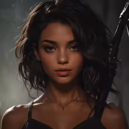 the girl is holding a gun on a black background