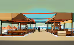 a painting of the outside of a beach side restaurant,a rendering of a group of people standing under a canopy