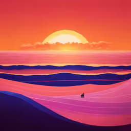 an art print of a surfer riding a wave,a painting with pink and blue, and the sun in a background
