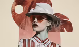 a woman in a hat and sunglasses is standing against a wall