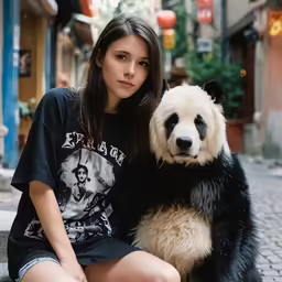 a woman holding onto a panda bear and posing for the camera