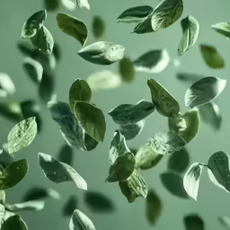 leaves floating off of a table in front of a grey wall