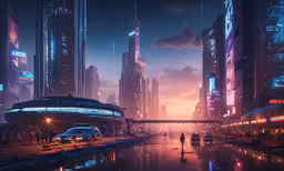 an sci - fi - themed city at night, with people on the street,a futuristic city at night is surrounded by skyscrapers