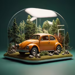 an orange car is in a glass display case