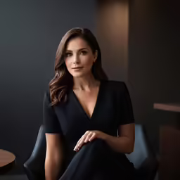 a woman wearing a black dress sitting in a chair