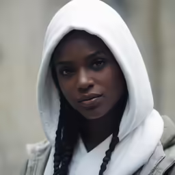 a woman with braids on her head is standing near a wall